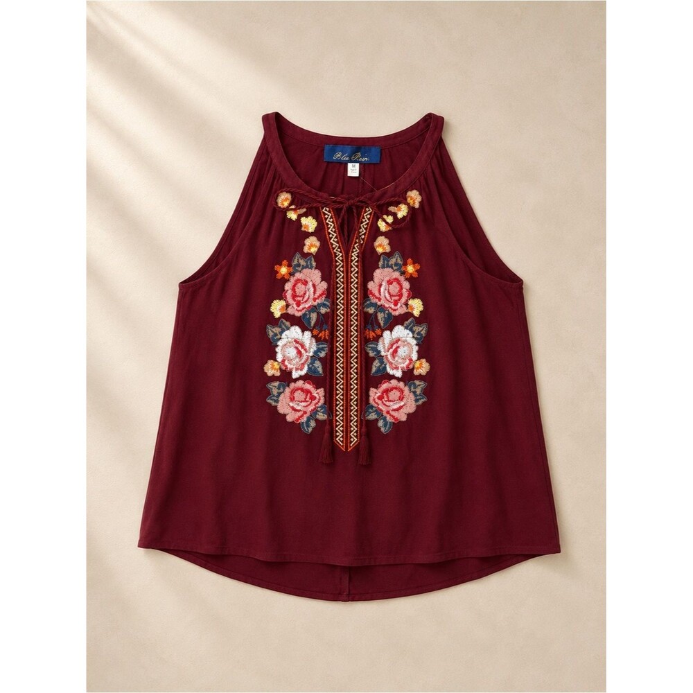 NWT Blue Rain Burgundy Embroidered Floral Boho Tank Top Women Medium Francesca’s